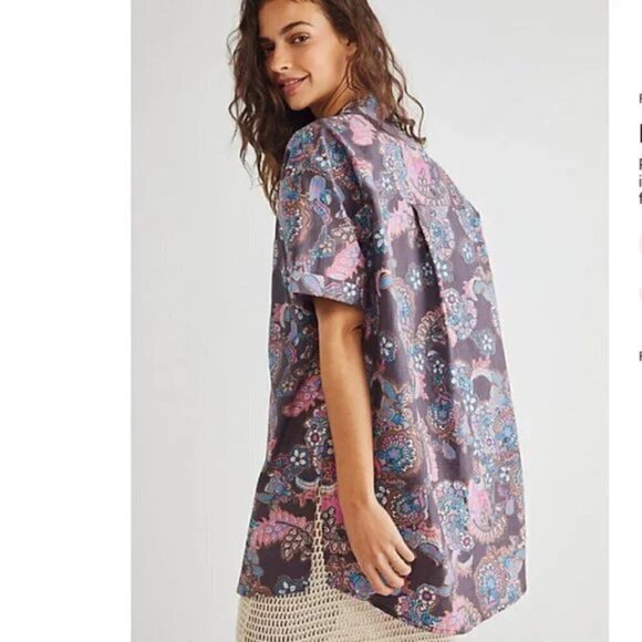 New Free People Poolside Printed Boyfriend Button Down Shirt Vintage Combo Gray - Picture 5 of 13